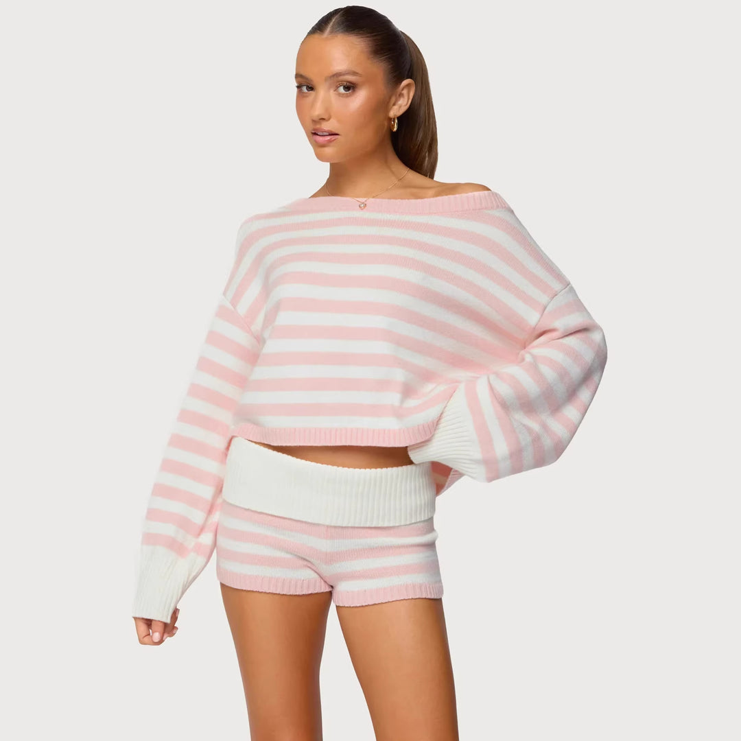 Kvinders afslappede kortærmet top og shorts sæt med stribet mønster Skovae