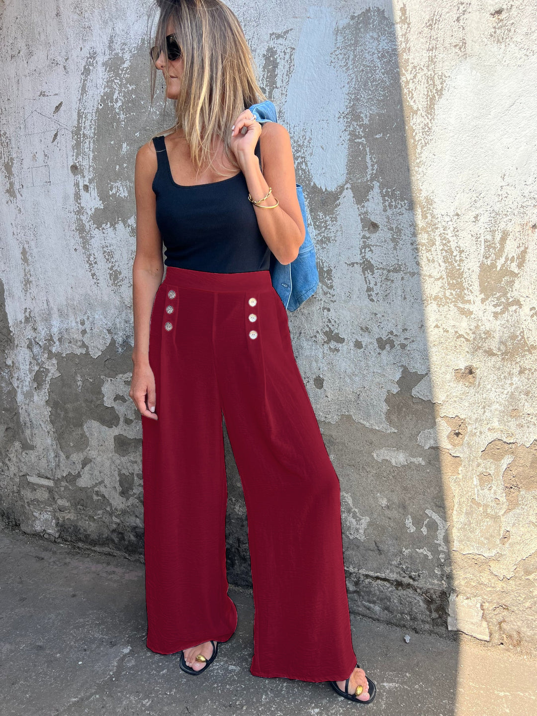 Dame High-Waist Palazzo-bukser med moderne knapdetaljer Stilla