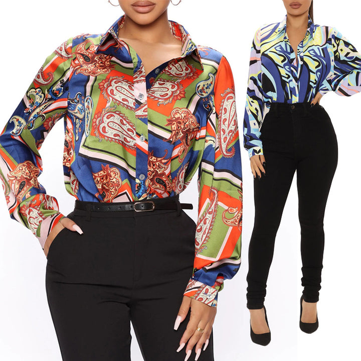 Dame elegant og farverig bluse med klassisk krave Stilla