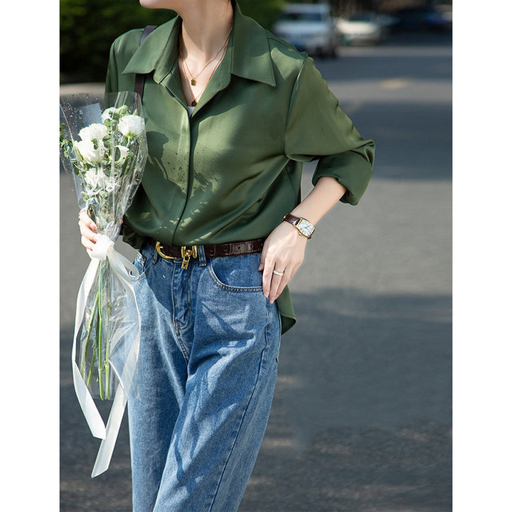 Dame elegant skjortebluse i let satin Stilla