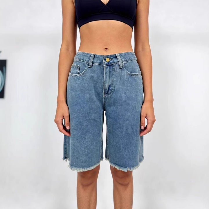 Dame afslappede denim-shorts med frayed kanter og høj talje Skovae