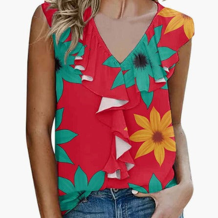Dame blomstret flæsebluse med V-halsudskæring og ærmeløs design Stilla
