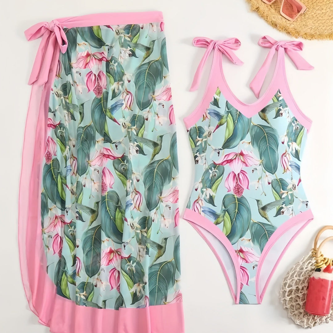 Dame Badedragt-sæt med blomsterkaftan og afslappede sløjfer Stilla