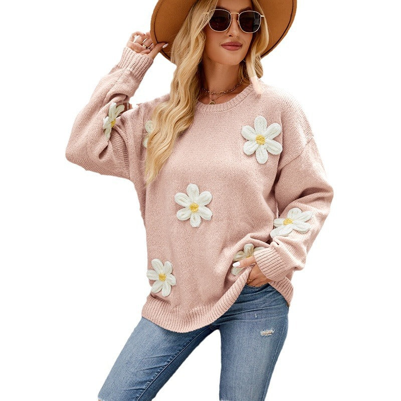 Dame striktrøje med blomster broderi og afslappet snit Stilla