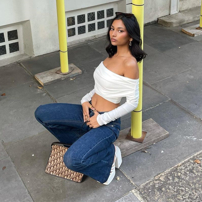 Dame Offshoulder Crop-Top med rynke Skovae