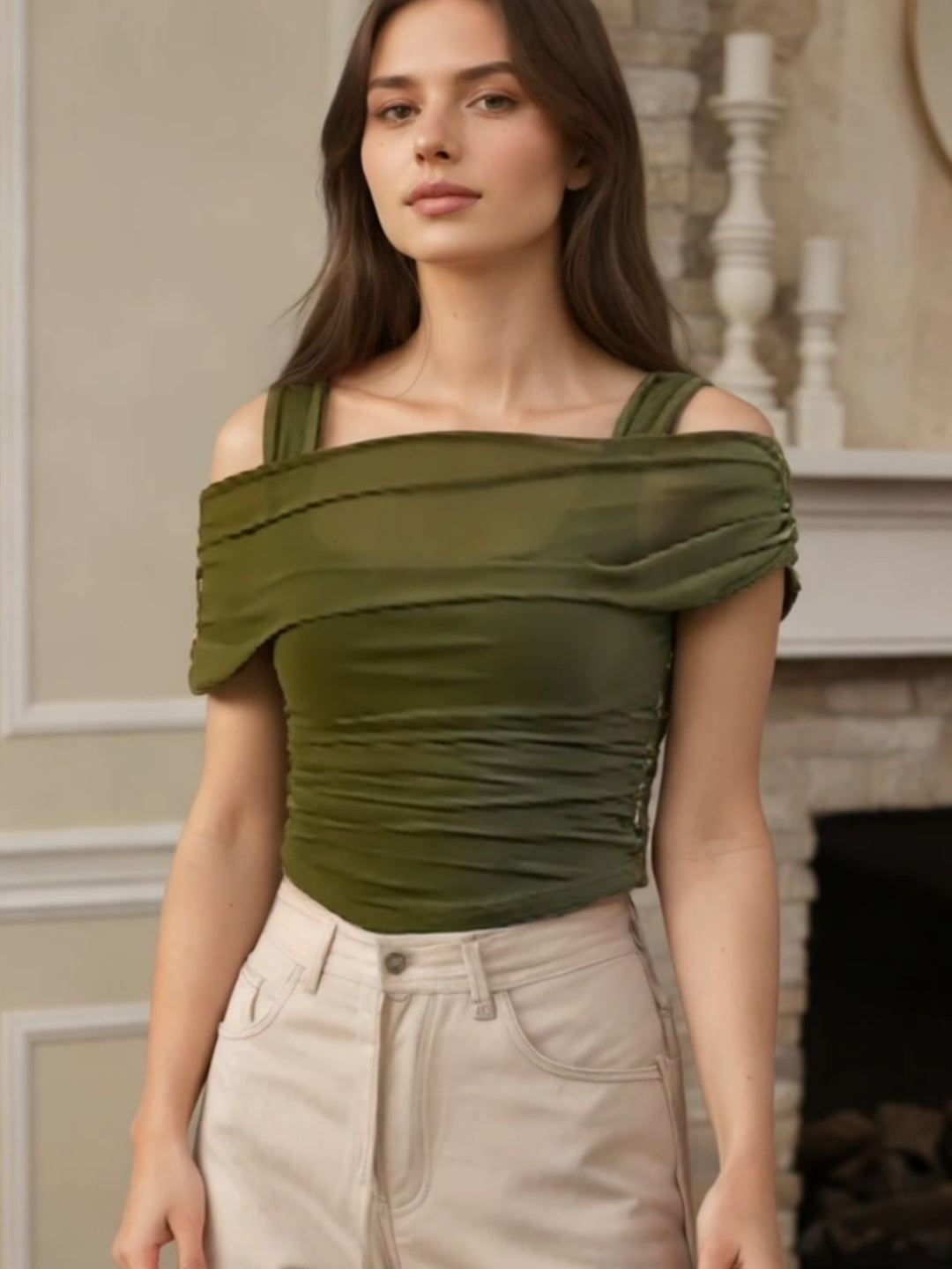 Dame Off-Shoulder Top med Rynkning Skovae