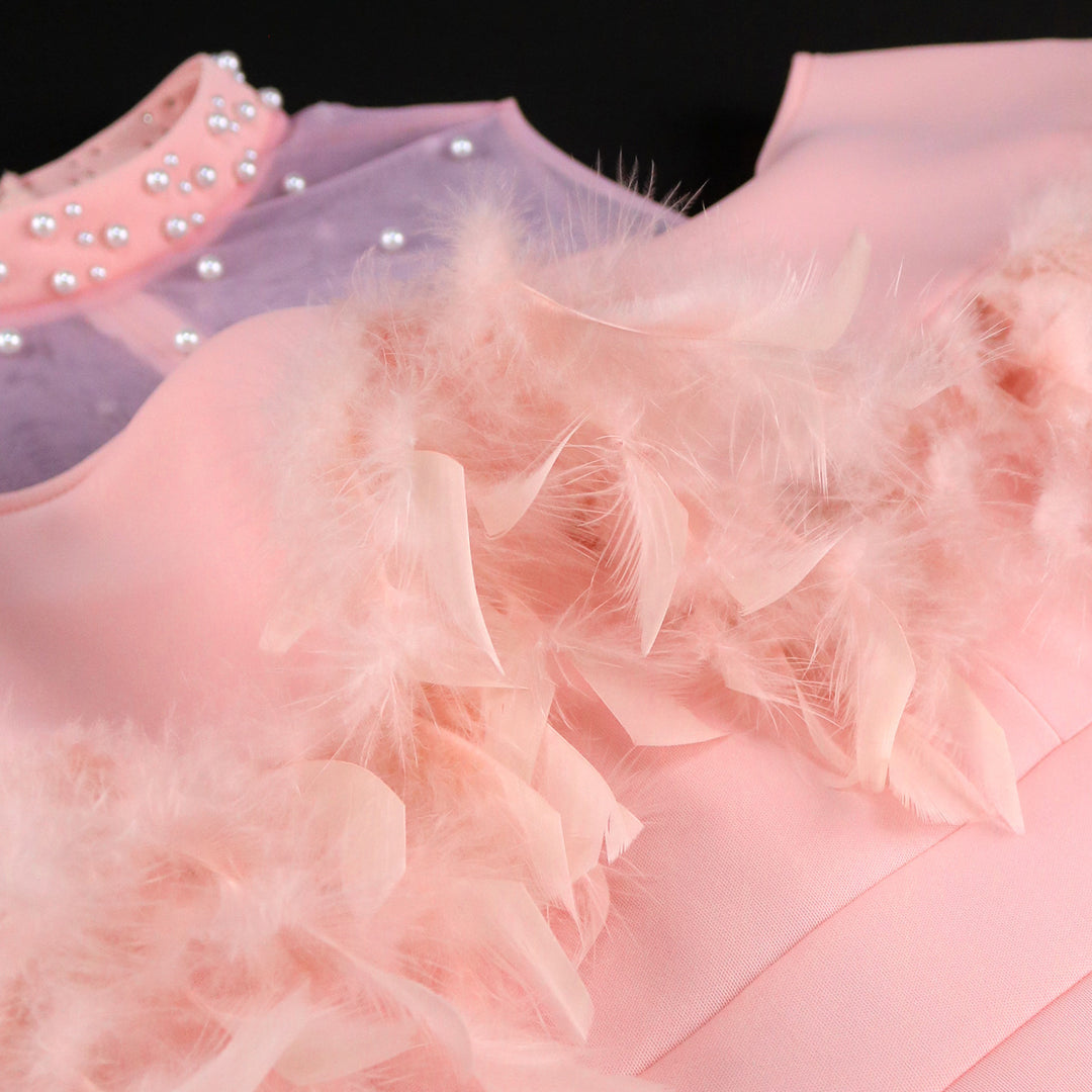 Dame elegant kjole med transparente puffærmer og dekorative fjerdetaljer Skovae