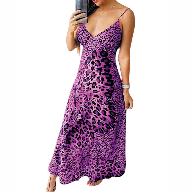 Stilla | Leopard-print-sommerfugl-mønster-v-udskæring-ærmeløs-basis-kjole