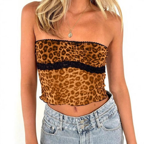 Dame bandeau-top med trendy leopardmønster og delikat spidskant Skovae