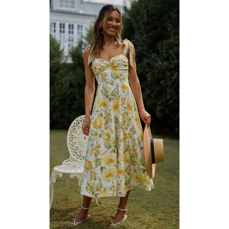 Dame Floral Print Midi Kjole med justerbare stropper og flæse nederdel Stilla