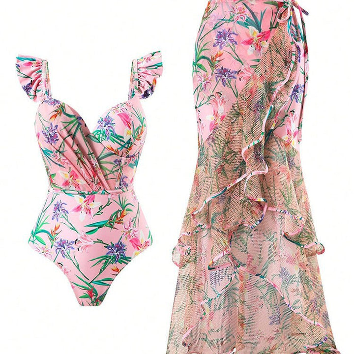 Dame One-Piece Badedragt med Rynkedetaljer og Floral Indpakningsskørt Skovae