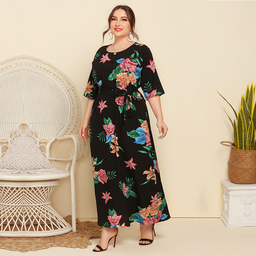Dame Maxikjole med blomstret design og taljebælte Stilla