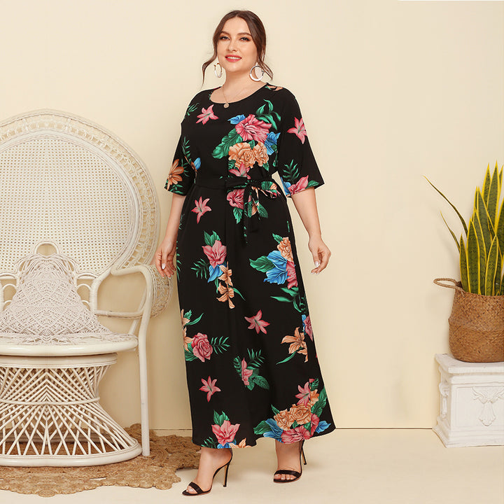 Dame Maxikjole med blomstret design og taljebælte Stilla