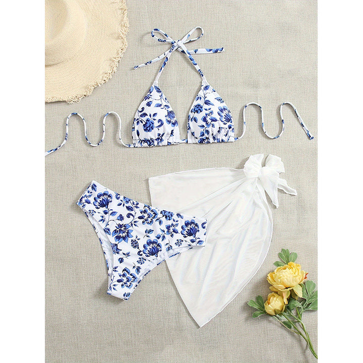 Dame Triangel-Bikini-Sæt med blomsterdesign og eksklusivt indpakningstuch Skovae