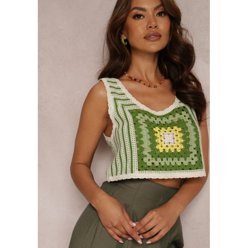 Damer Cropped Top med kreativt hæklemønster og V-udskæring Skovae