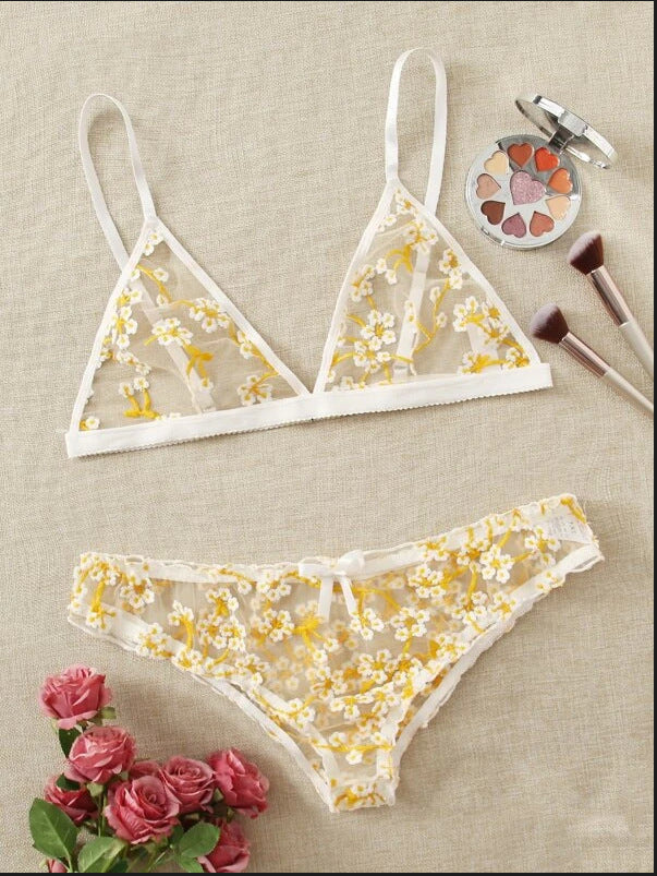 Dame Floral Spidse Bralette og Cheeky Panty Sæt Stilla