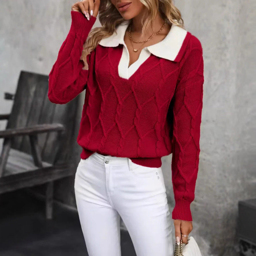 Kvinders strikkede pullover med klassisk polo krave og diamant tekstur Stilla