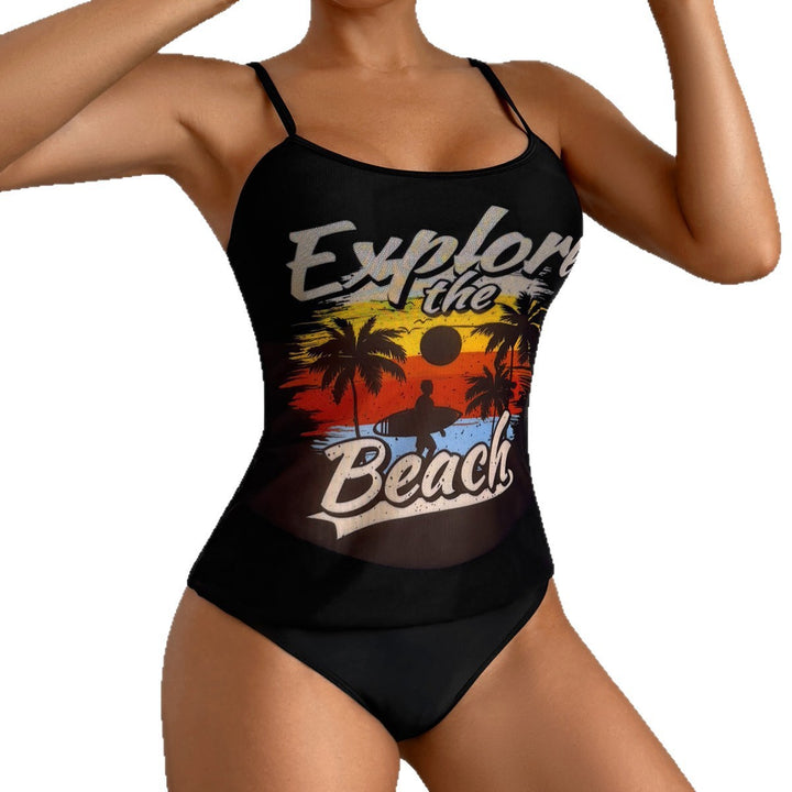 Dame Strandtop med farverigt grafikdesign og matchende bikiniunderdel Skovae