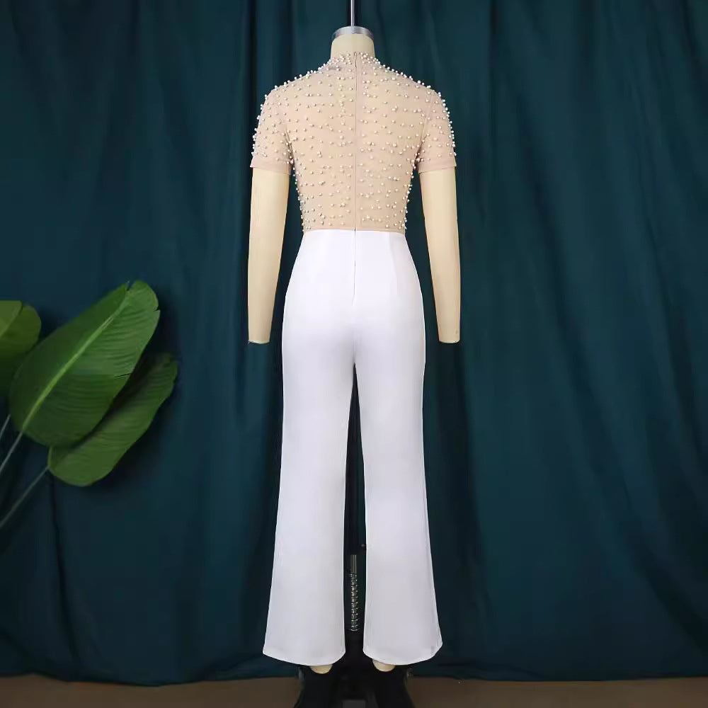 Dame elegant jumpsuit med glimrende perle detaljer Skovae