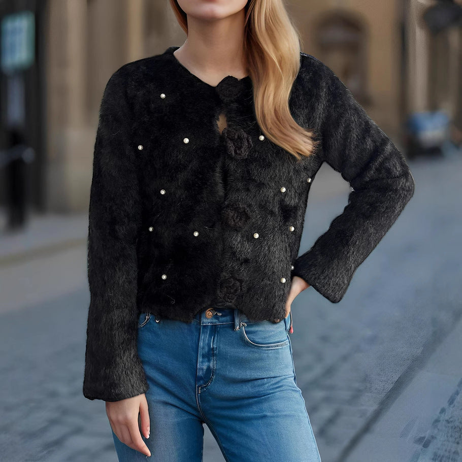 Kvinders fine cardigan med blomsterapplikationer og perleaccenter Stilla