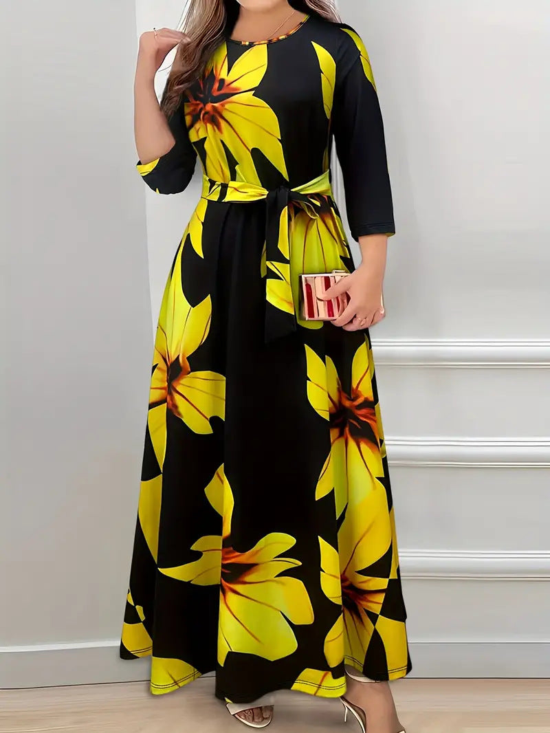 Dame Elegant Maxikjole med blomsterdesign og taljebælte Stilla