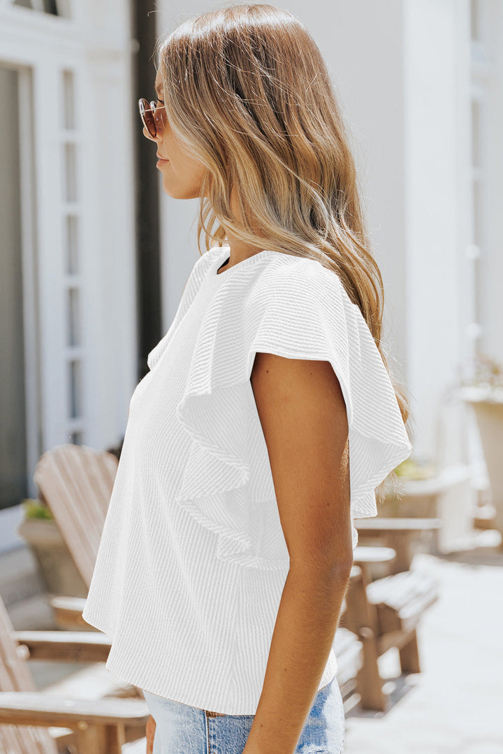 Stilla | Crew Neck Ruffle Kort Ærme Solid Løs Bluse