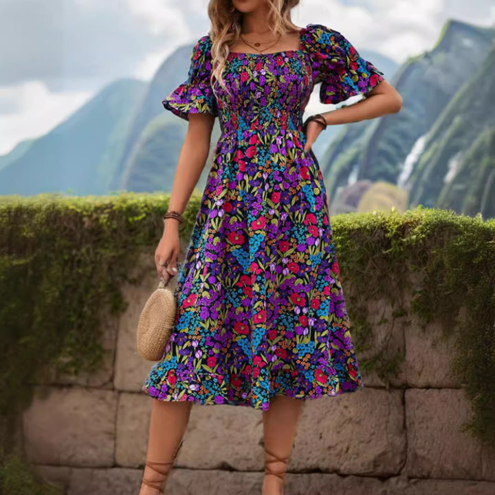 Dame Off-Shoulder Midi-Kjole med blomster mønstre og flæse detaljer Stilla
