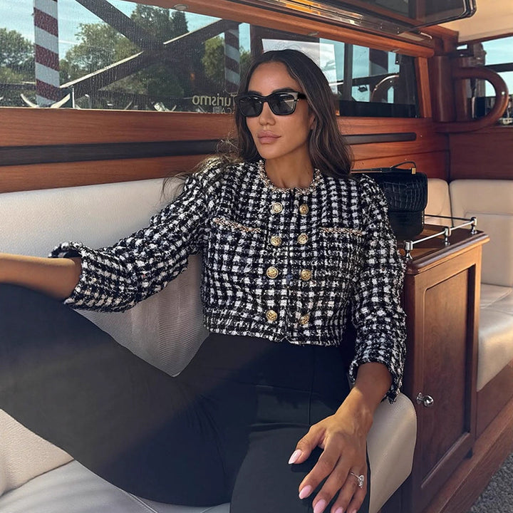 Dame Fashionable Tweed Jakke med gyldne Knapper Stilla