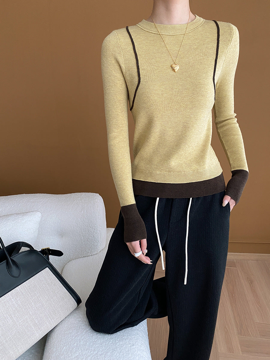 Damer elegant rundhals sweater med kontrasterende ærmer og fin ribbet tekstur Stilla