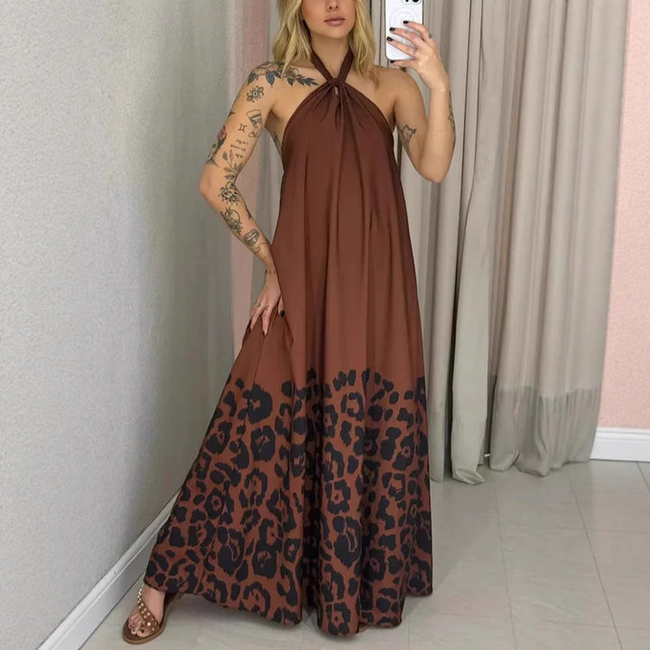 Dame maxikjole med moderne knudedesign og leopardmønster Stilla