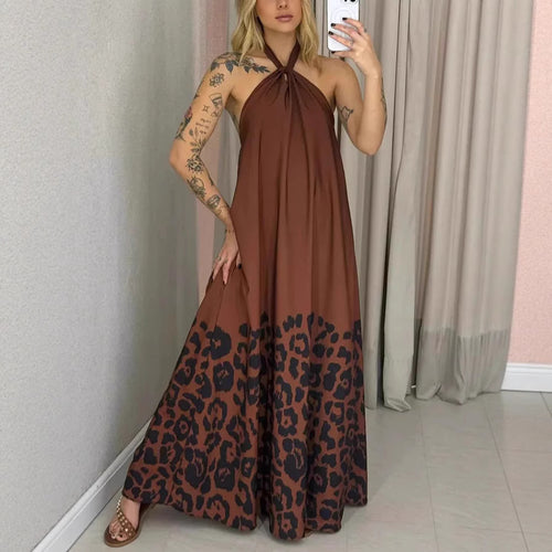 Dame maxikjole med moderne knudedesign og leopardmønster Stilla