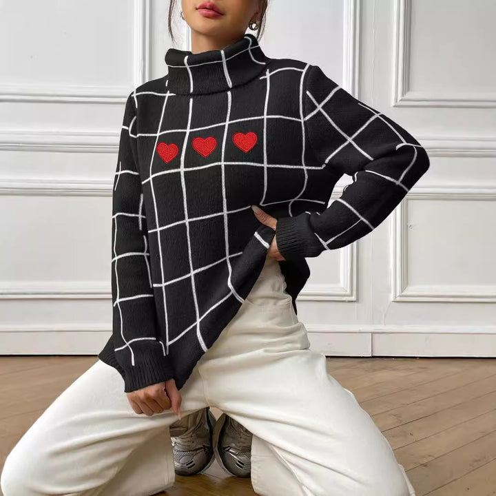 Damer rullekrave sweater med hjerte motiv og ternet design Stilla