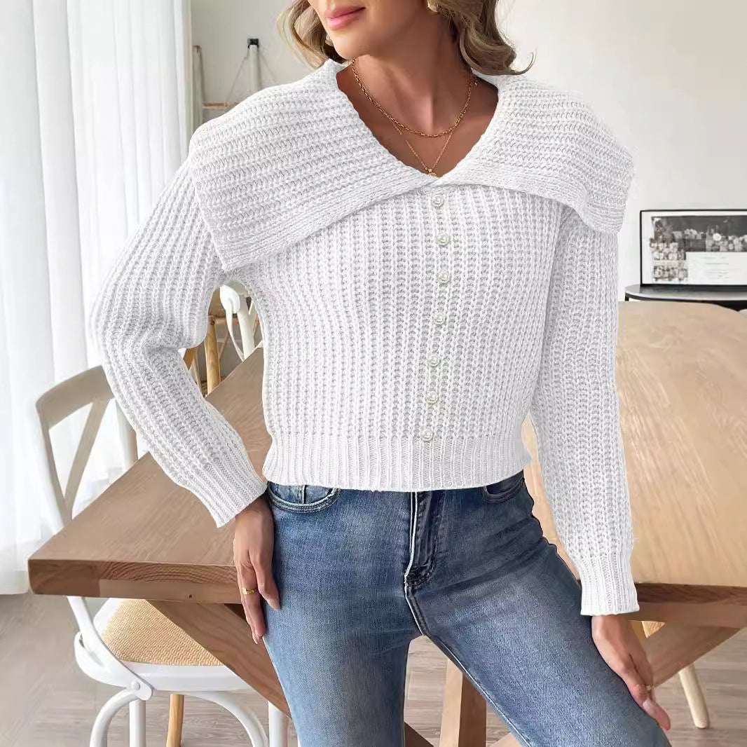 Dame elegant strikpullover med smart krave og strukturerede detaljer Stilla