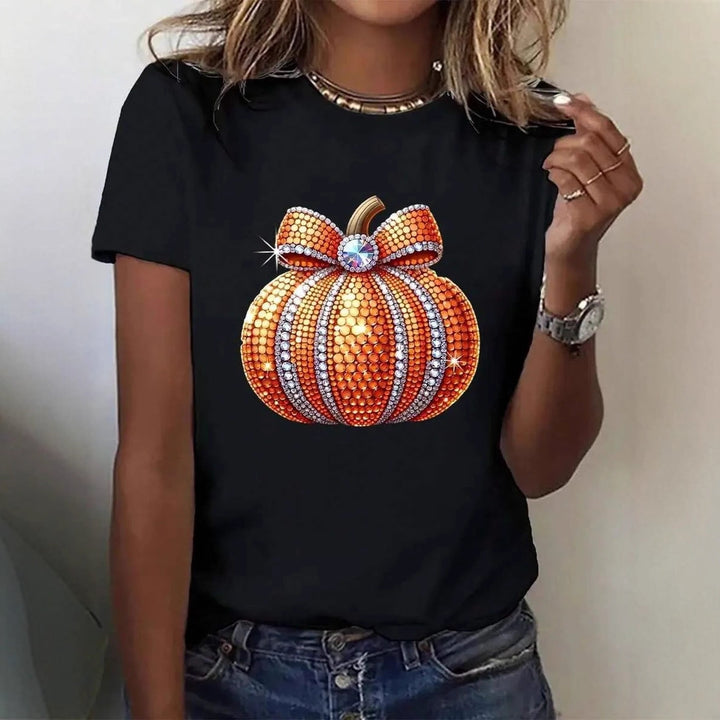 Dame T-shirt med stilfuldt græskar-motiv og spændende dyreprint Skovae