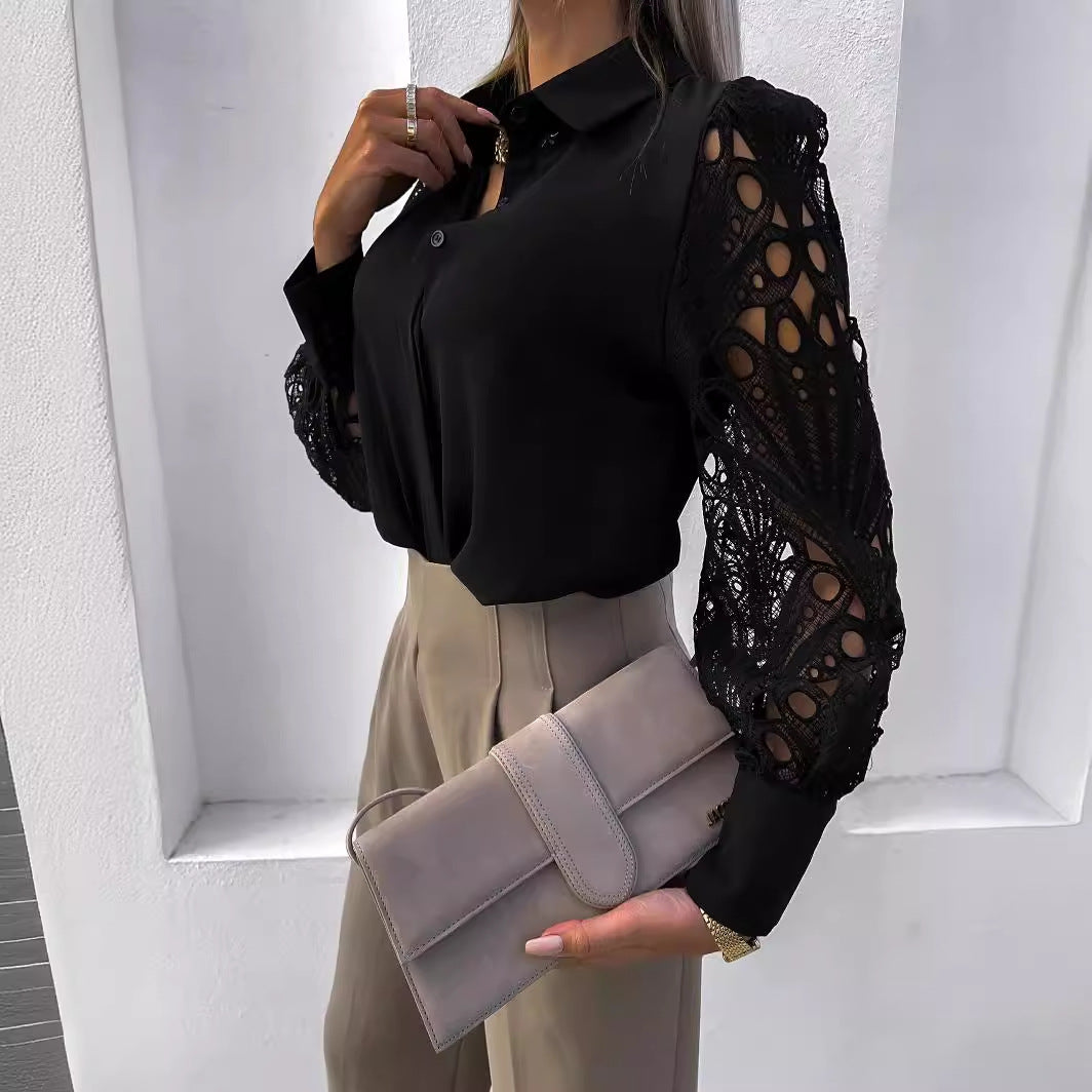 Dame Elegant bluse skjorte med spids og lange ærmer Stilla