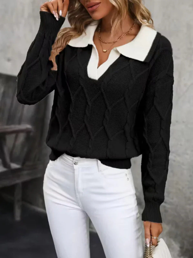 Kvinders strikkede pullover med klassisk polo krave og diamant tekstur Stilla