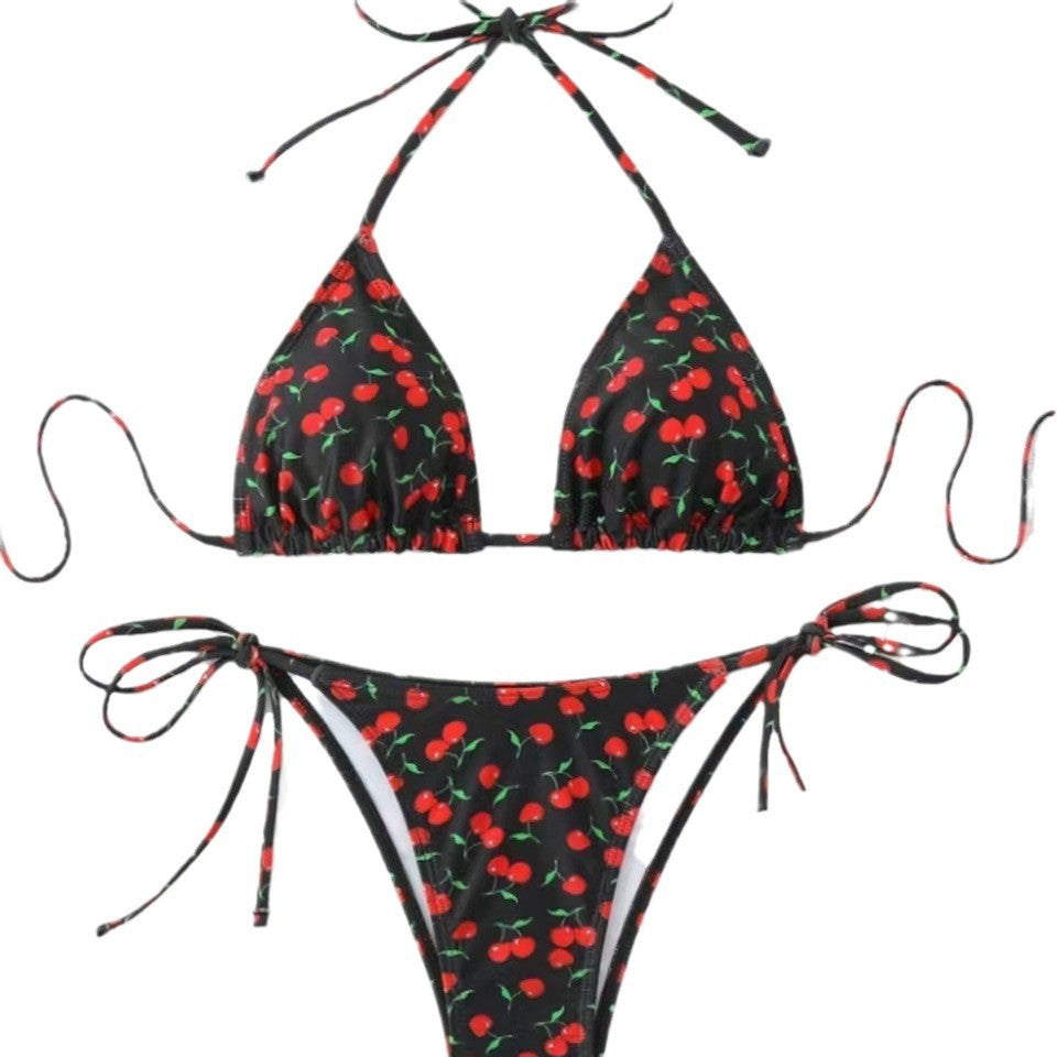 Dame Triangel-Bikini med charmerende kirsemønster og justerbare stropper Stilla