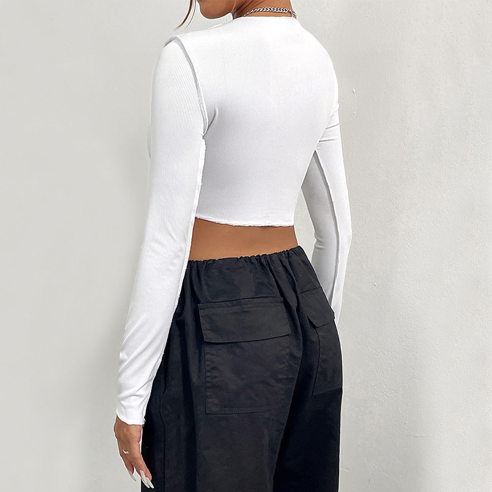 Kvinders cropped langærmet skjorte med dekorativ blonde detalje Stilla