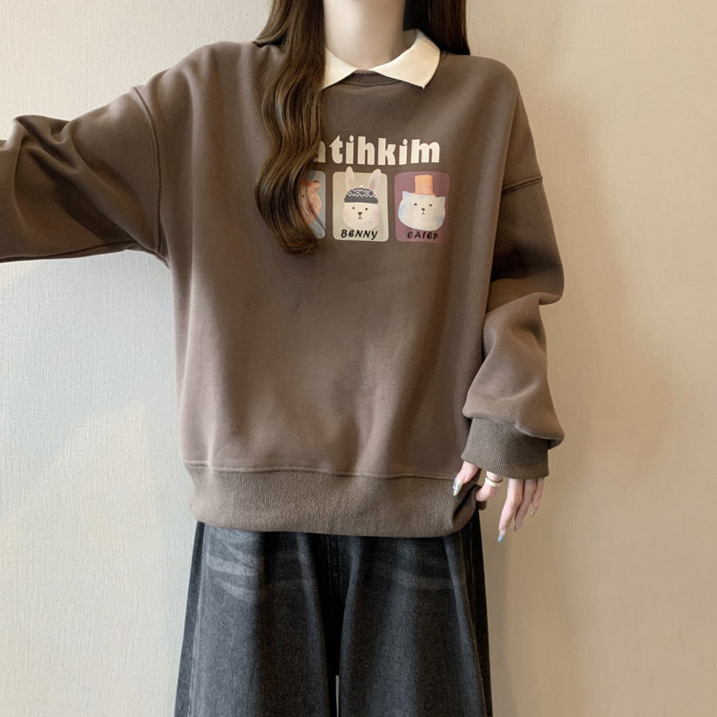 Femme Lækkert grafik-sweatshirt med kontrastkraveskilling Stilla