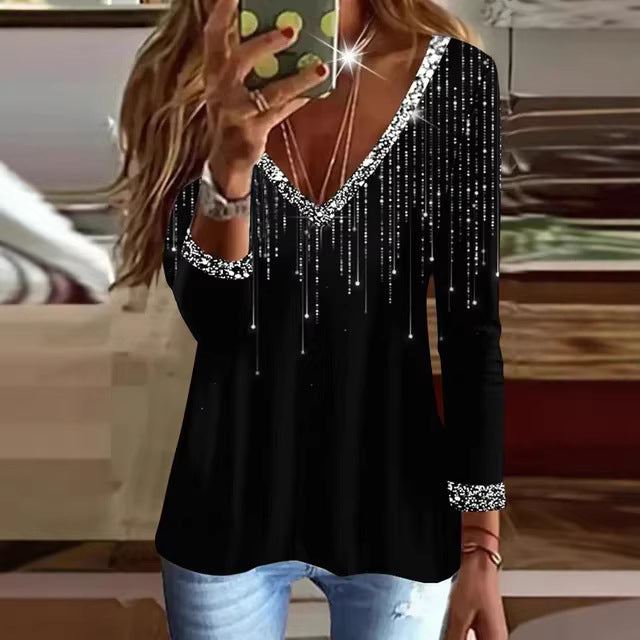 Dame Glitrende V-Hals Sweater med Elegante Rhinestone Detaljer Skovae