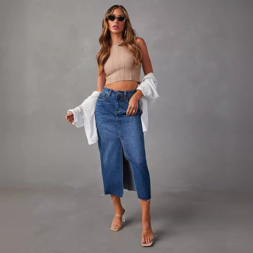 Dame Casual Denim Nederdel med sidelisk og frynset kant Stilla