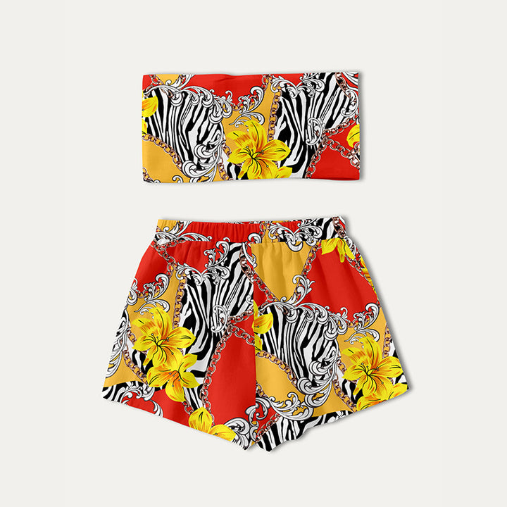 Dame mode bandeau-top og shorts-sæt med farverigt grafikdesign Stilla