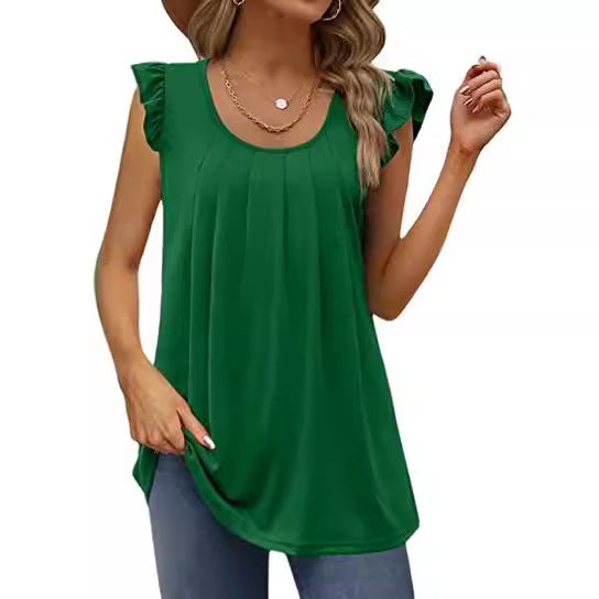 Dame luftigt bluse shirt med elegant flæse design Skovae