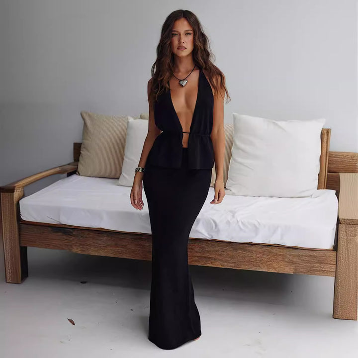 Dame elegant indpaknings-top med asymmetrisk design og matchende maxiskørt Skovae