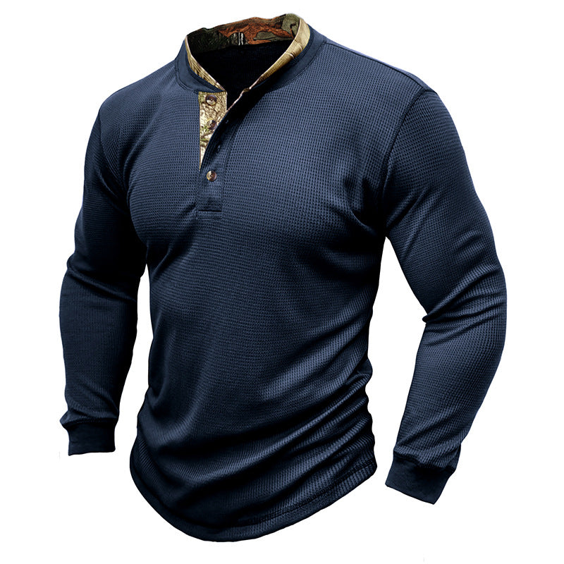 Herrer stilfuld langærmet Henley-shirt med struktureret design og elegant knaplukning Stilla