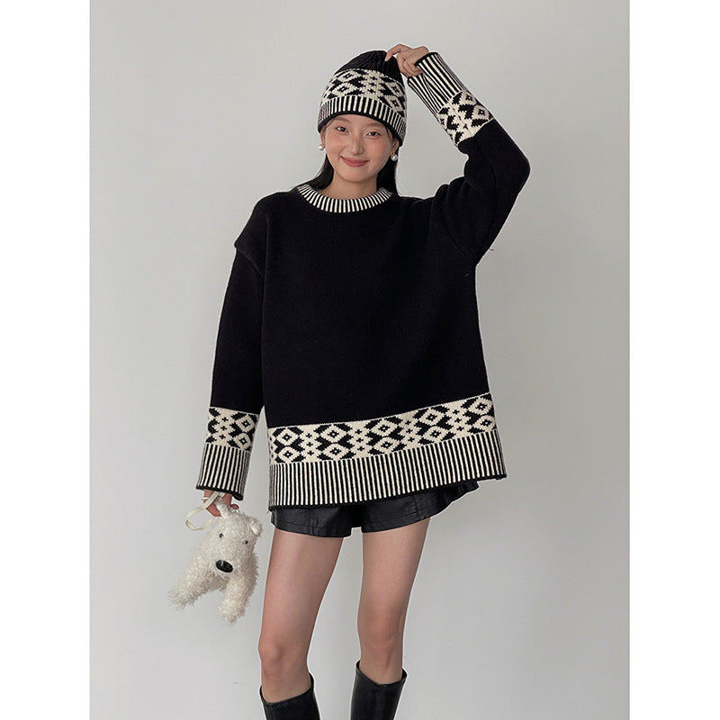 Dame Oversized Strikpullover med geometrisk mønster og høj krave Stilla