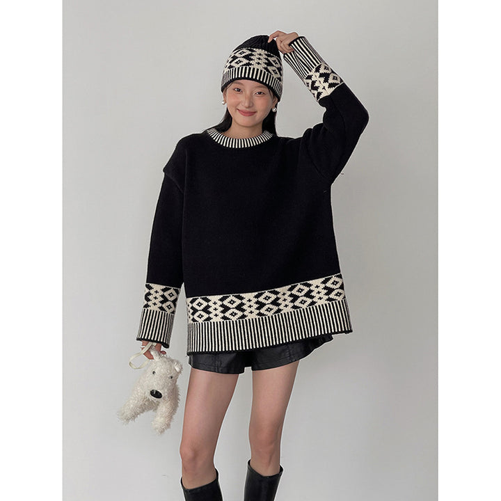 Dame Oversized Strikpullover med geometrisk mønster og høj krave Stilla