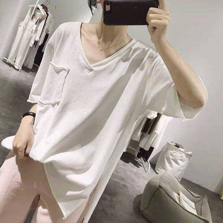 Femme Lækkert V-Udskæring Lommer T-Shirt Stilla