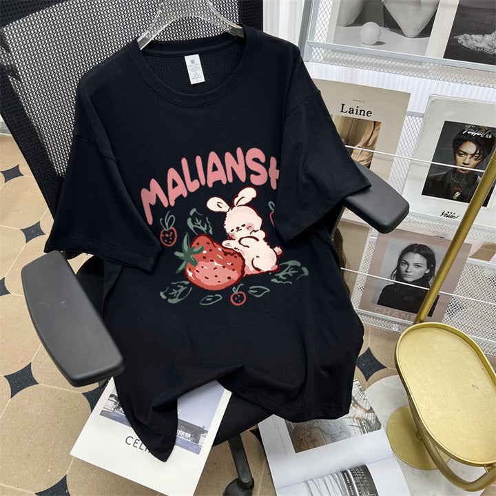 Dame T-shirt med glædeligt jordbær- og kaninmotiv Stilla