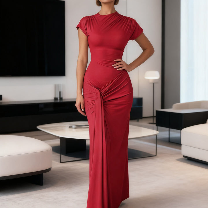 Dame Elegant Langærmet Maxi-kjole med drapering og figursyet snit Skovae